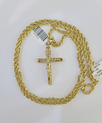 10k Gold INRI Jesus Pendant Rope Chain 3mm 20'' Necklace Set Real Genuine