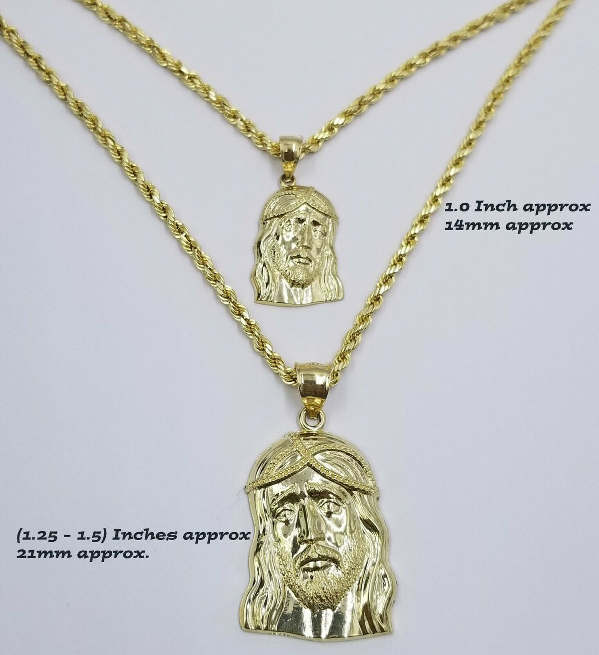 Yellow Jesus Chain REAL 10k Yellow Gold Jesus Head Charm Rope Chain Pendant SET 18