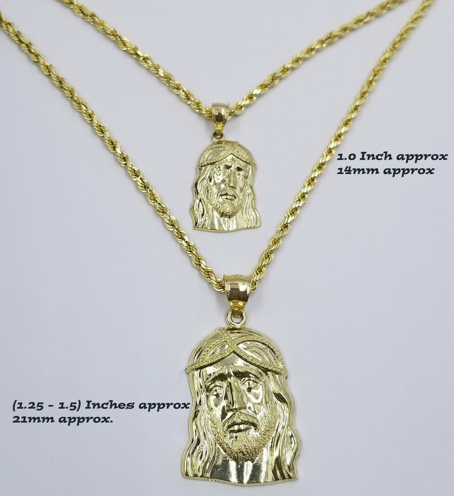 REAL 10k Yellow Gold Jesus Head Charm Rope Chain Pendant SET 18" 20" 22" 24" 26"