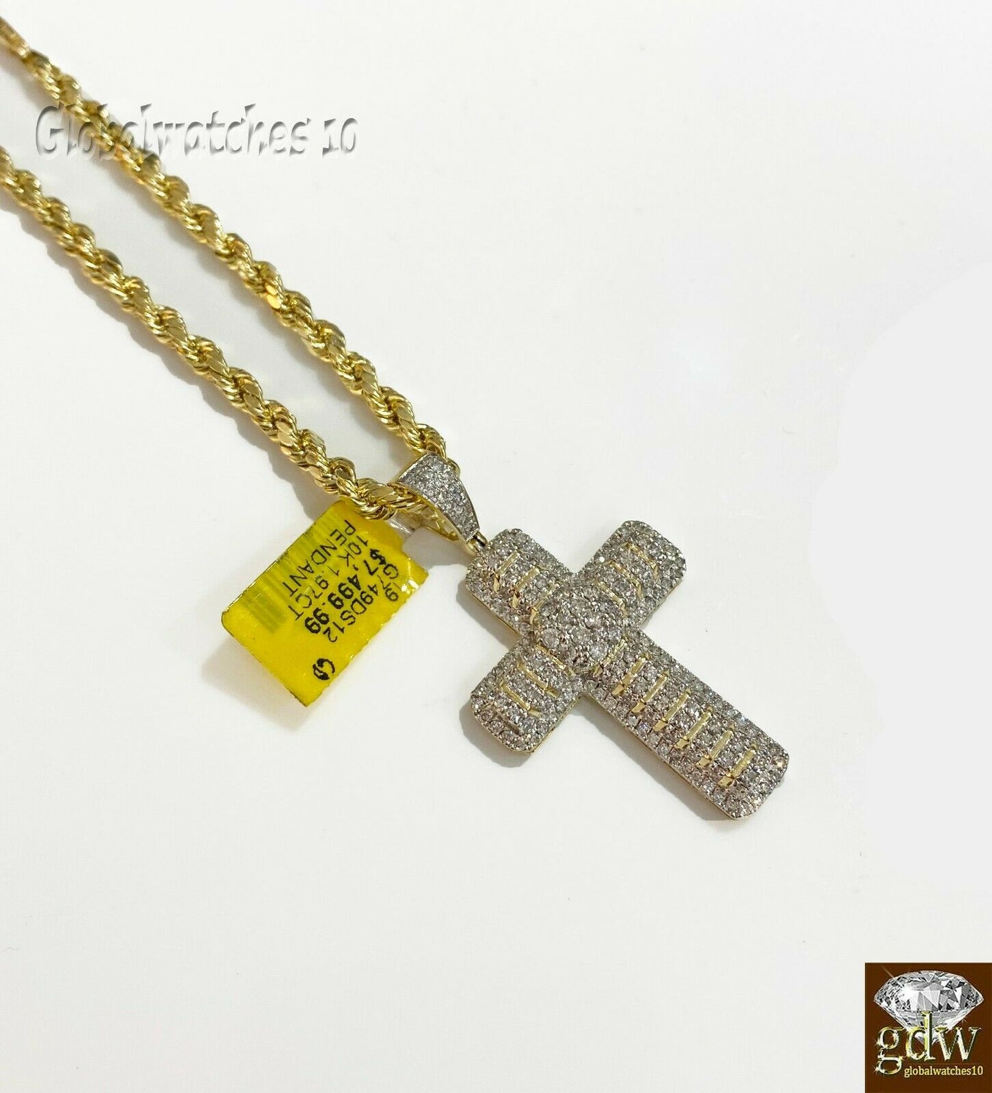 Real Diamond Cross with Solid 10k Rope Chain 20 22 24 26 28 inch, vs full cut