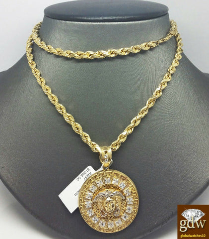 Real 10k Yellow Gold Head Charm Pendant 26" inch Rope Chain Necklace Men