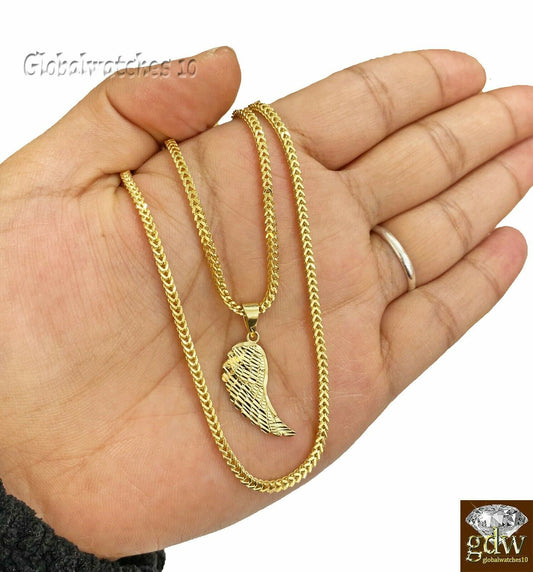 10k Gold Wing Charm Pendant with Franco Chain 20" 22" 24" Real 10k Gold