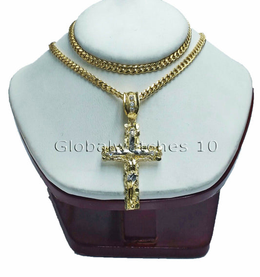 10k Yellow Gold Jesus Cross Charm Pendant 26" Miami Cuban Chain Necklace