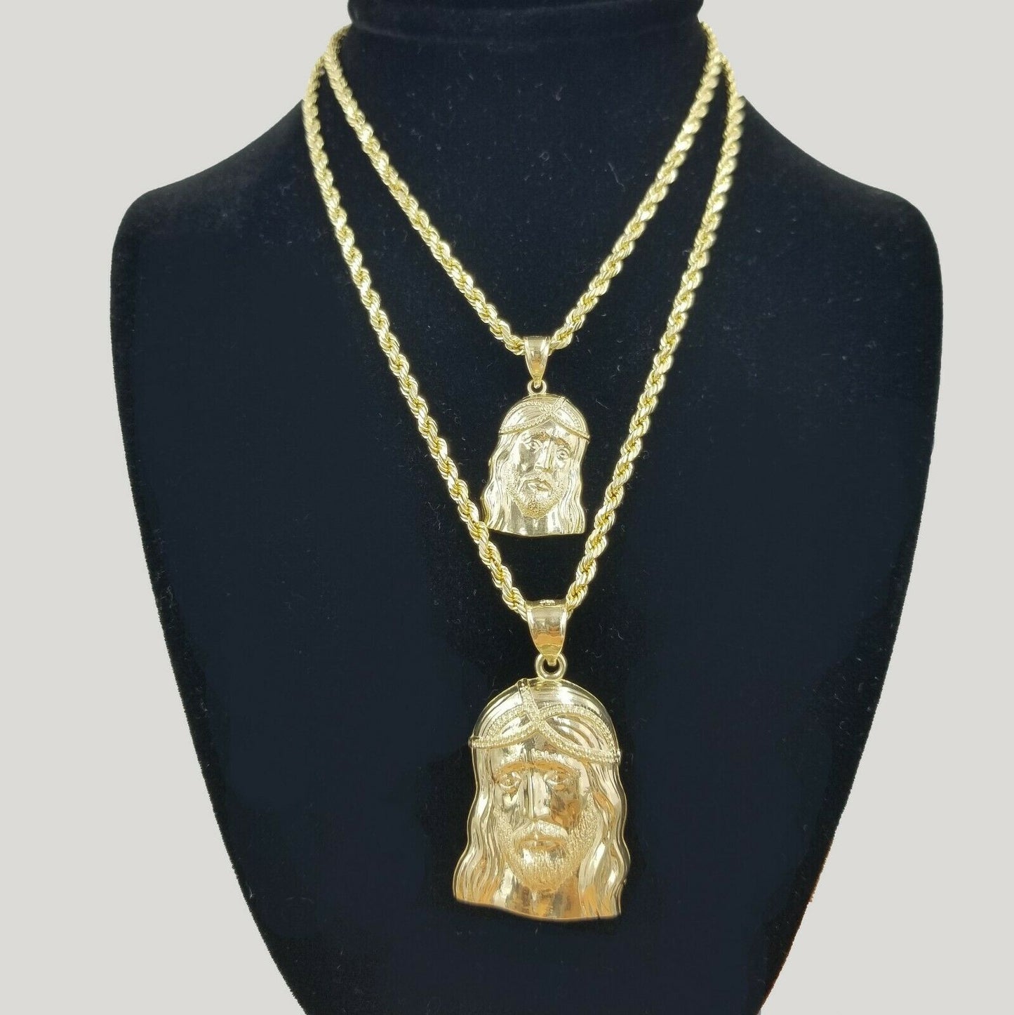 REAL 10k Yellow Gold Jesus Head Charm Rope Chain Pendant SET 18" 20" 22" 24" 26"