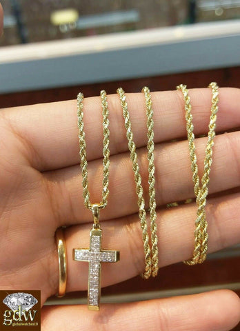 REAL 10K Gold Rope Chain Necklace Real Diamond gold Cross Pendant Ladies