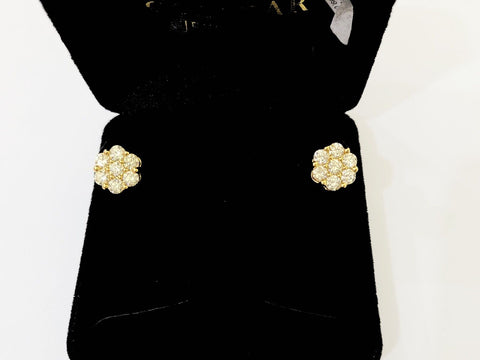 10k Yellow gold Flower Earrings Real Diamond screw-back Women Men studs