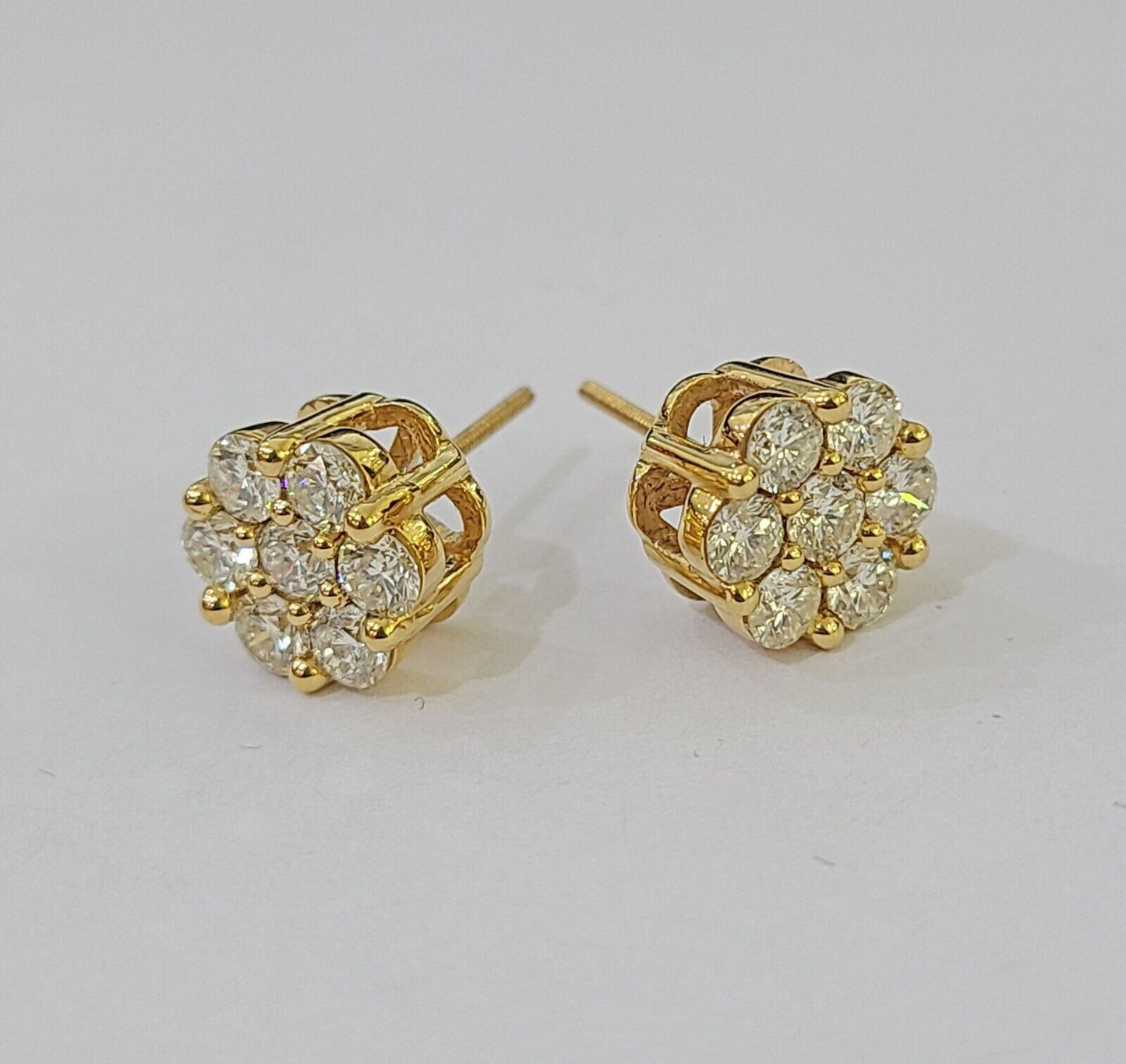 10k Yellow gold Flower Earrings Real Diamond screw-back Women Men studs