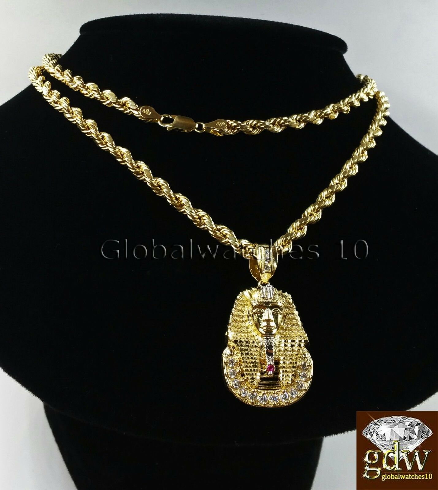 Real Mens 10k Gold 28" Inch Rope Chain & Egyptian Pharaoh Head Charm Pendant.