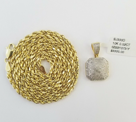 10K Yellow Gold Diamond Charm rope chain 3mm 18" SET & Pillow Pendant & Neckalce