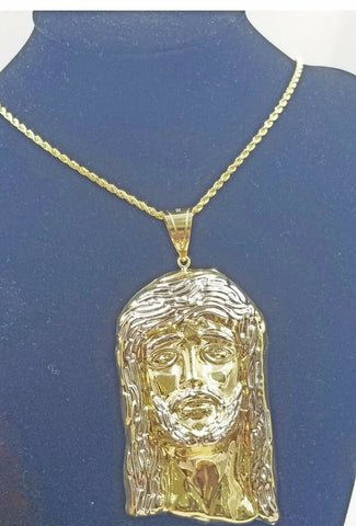 10k Gold Jesus Charm Christ Pendant Diamond Cut Rope Chain 3mm 18" - 26"