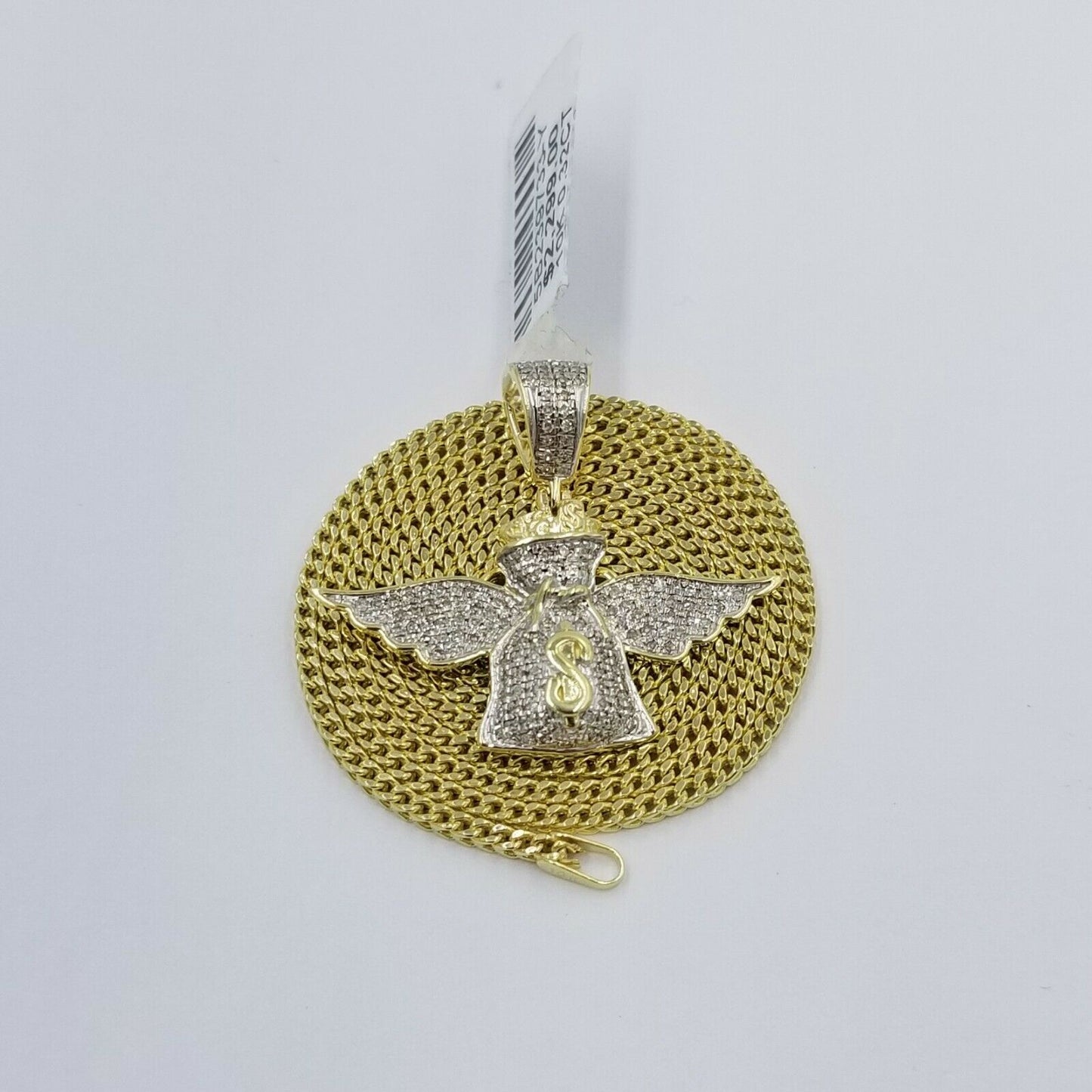 REAL 10k Yellow Gold Diamond Angel Wing Dollar Bag Pendant 3mm Franco Chain