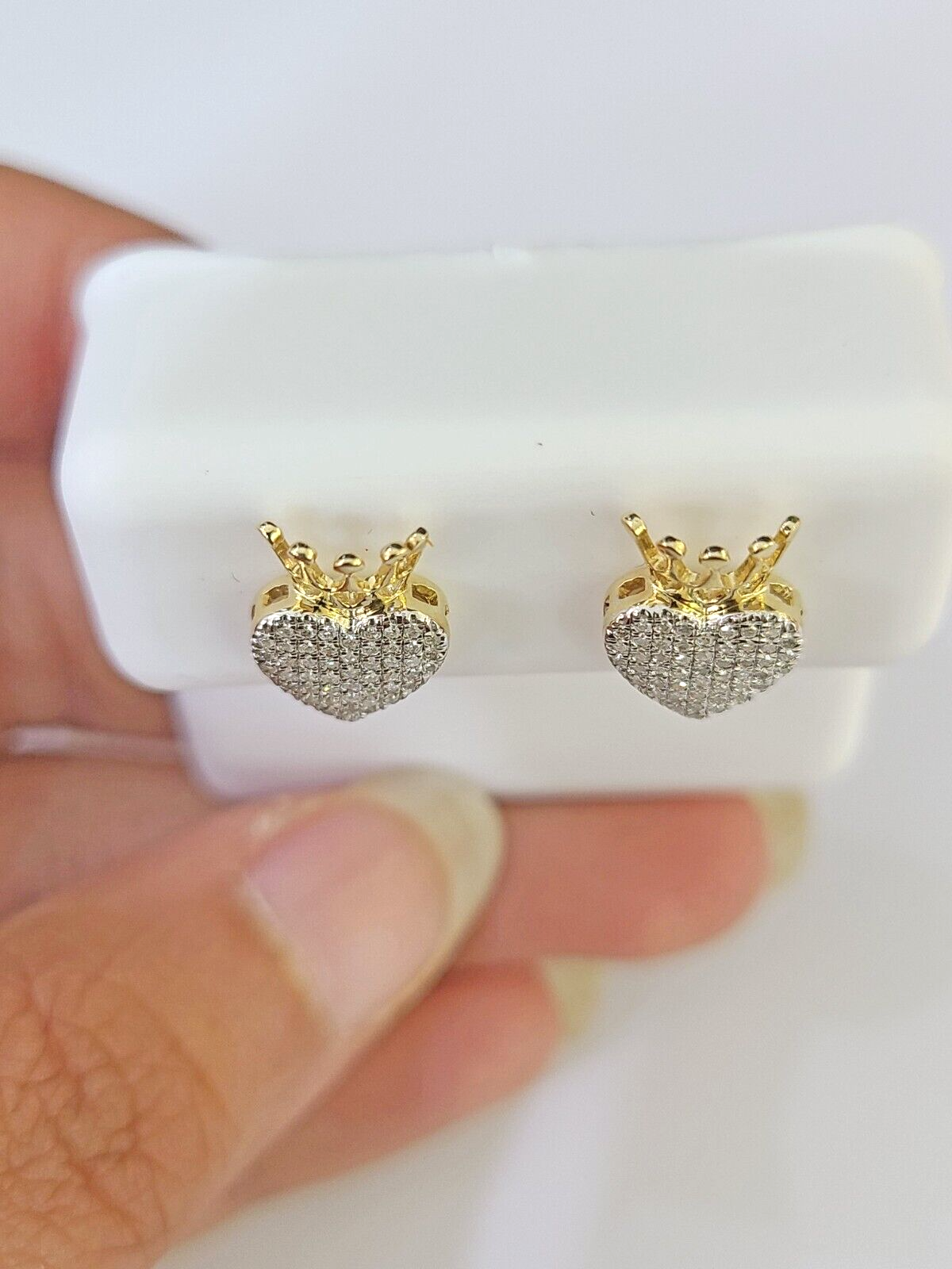 10k Yellow gold Crown Heart Earring Real Diamond screw-back Women Men studs