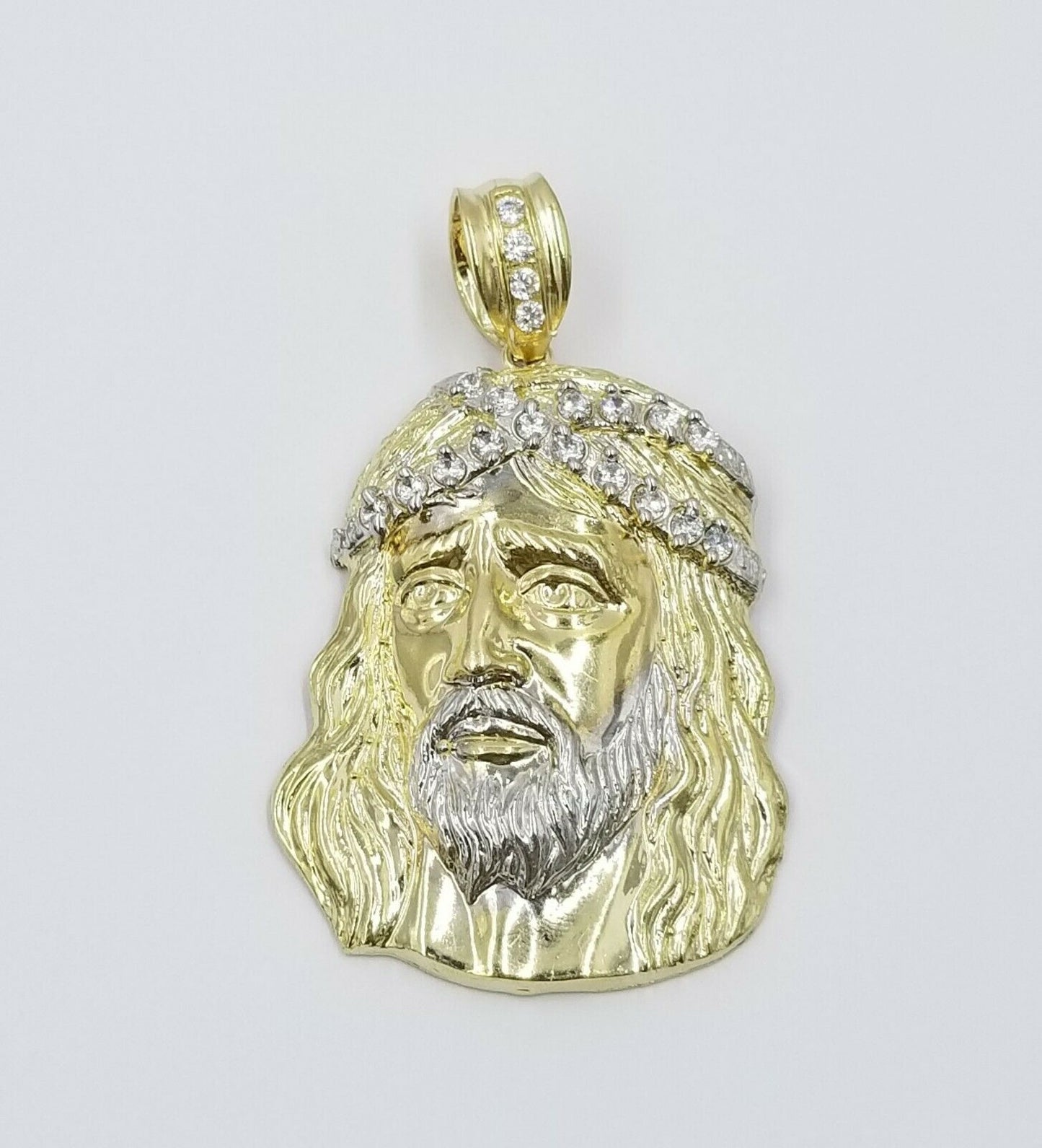 REAL 10k Yellow White Gold Jesus Head Charm Pendant Diamond Cut 2.25" 35mm Men