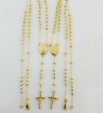 Real 10k Rosary Yellow Gold Diamond Cut Jesus Crucifix Necklace 18" Diamond Cuts