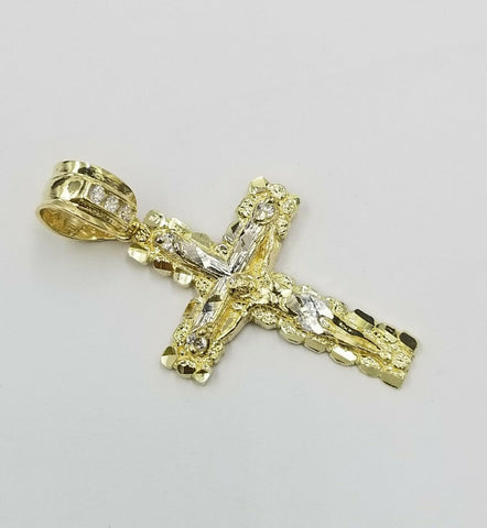 10k Yellow Gold Men Crucifix Cross Charm/Pendant Diamond Cut Jesus REAL