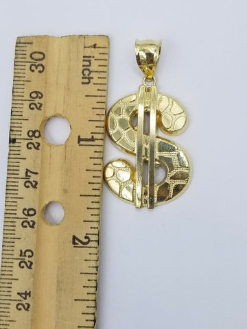 10K Gold Dollar  Sign Charm Nugget Pendant 4mm Rope Chain 20" 22" 24" 26" 28"
