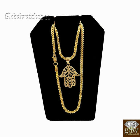 10k Gold Charm Pendant Hamsa Hand with Franco Chain in20 22 24 26 Inch Real Gold