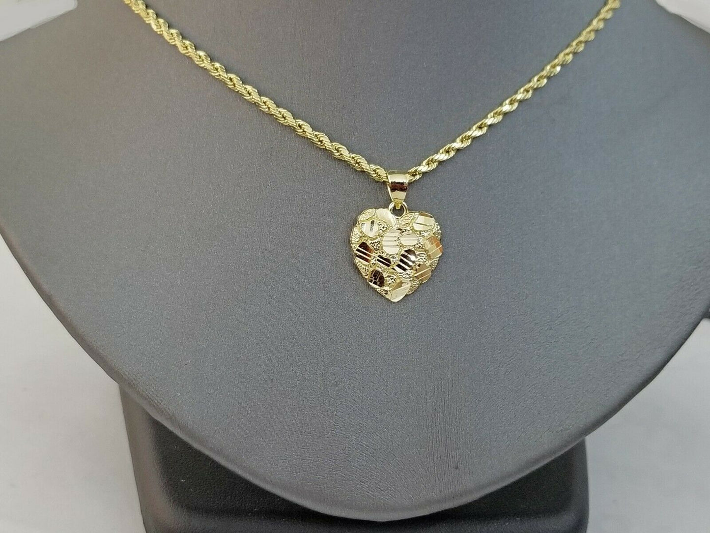 10k Yellow Gold Rope Chain Nugget Heart Charm Pendant 18" 20" 22" 24" 26" 28"