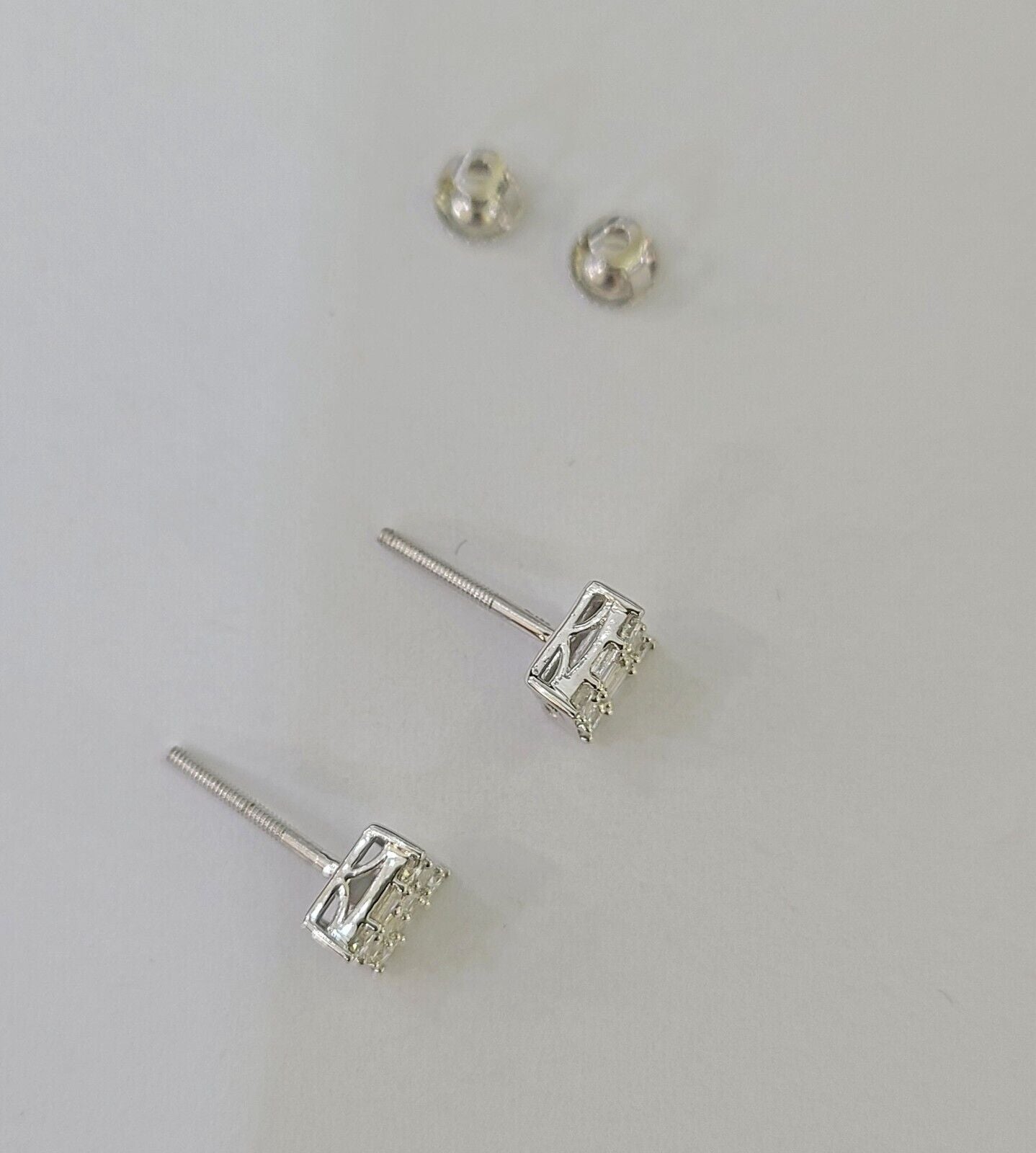 10k White Gold Sqaure Earrings Real Diamond Screw-Back Women Men Studs