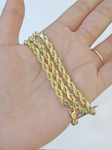 14K Solid Yellow Gold 4mm Rope Chain 24 inch Diamond cut necklace Real Genuine