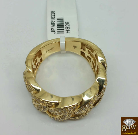 Solid 14k Yellow Gold Diamond Ring Band Cuban Style Men's, 1.28 CT Genuine Dia.