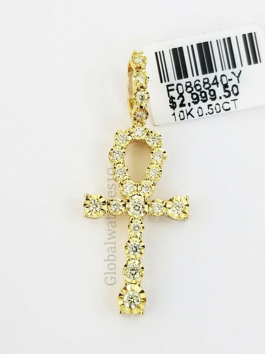 10k Yellow Gold 0.50 CT Diamond Ankh Cross Men Women Charm Pendant 1.5" RealGold