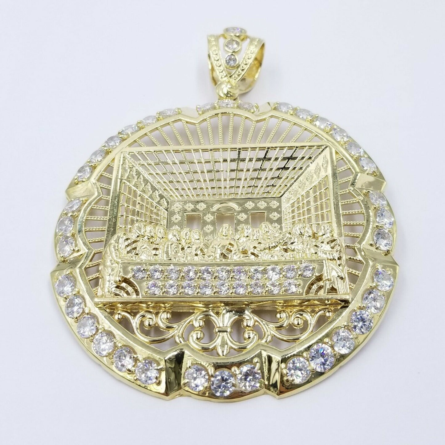 10k Yellow Gold Apostles Last Supper Round Pendant Diamond Cut Men's 3.75" 75mm