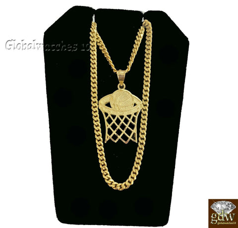 10k Gold Basketball Pendant with Miami Cuban Chain 22" 24" 26" 28" Real