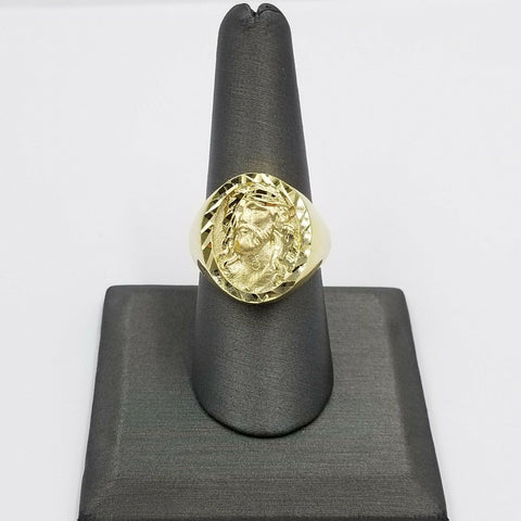Men's 10k Yellow Gold Jesus Head Ring Diamond Cut, Size 10 Thick Band, Sizable