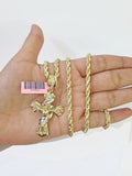 14k Yellow Gold Rope Chain & Jesus Swirl Cross Charm SET 5mm 26Inches Necklace