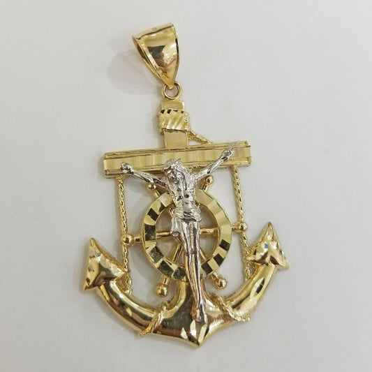 REAL 14k Gold Charm Jesus Anchor Cross Ankh Pendant Diamond Cut Yellow Men Women