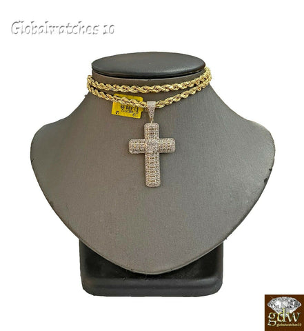 Real Diamond Cross with Solid 10k Rope Chain 20 22 24 26 28 inch, vs full cut