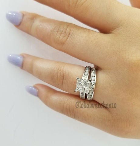 Real 14k White Gold 2CT Diamonds Ladies Ring Bridal Set Princess Cuts Solitaire