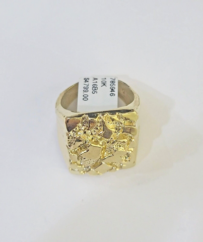 Real 10k Nugget Ring yellow Gold men casual Rectangle gold ring 10kt