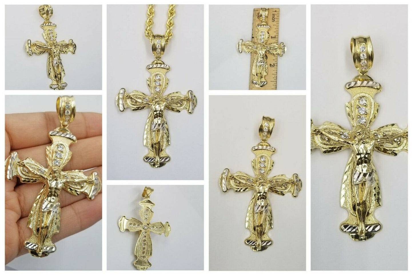 Real 10k Yellow Gold Rope Chain Crucifix Cross Pendent Jesus Diamond Cut Charm