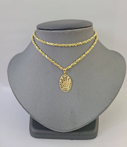 10K Yellow Gold Crown Pendent Charm 3mm Rope Chain 18" 20" 22" 24" 26" Inch