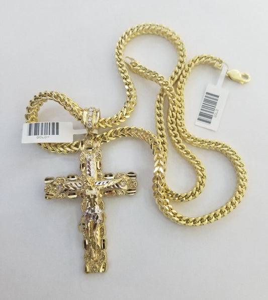 Real 10k Gold Nugget Cross Franco Necklace 4mm 24" Chain Charm SET 10kt