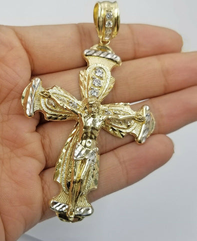 Real 10k Yellow Gold Rope Chain Crucifix Cross Pendent Jesus Diamond Cut Charm