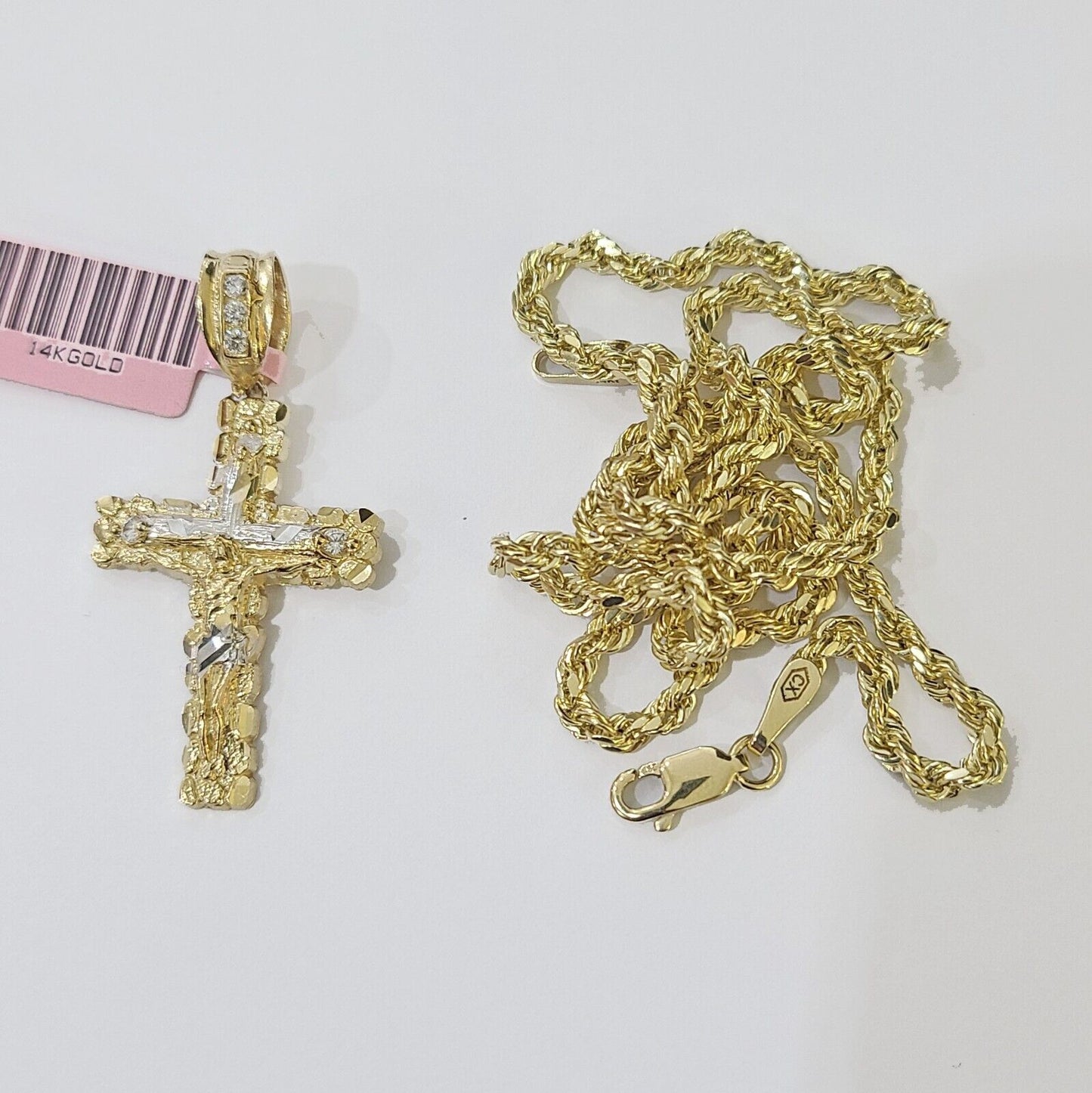 14k Yellow Gold Rope Chain & Jesus Nugget Cross Charm SET 4mm 16 Inches Necklace