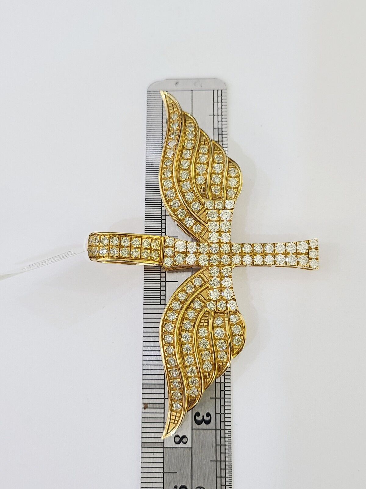 Real 10k Diamond Cross Wings Charm Yellow Gold Men Women Pendant Genuine 3"