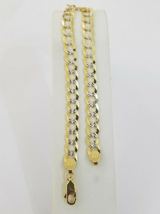 Real 10K Yellow Gold Cuban Link Bracelet Diamond Cut Two tone Lobster Lock