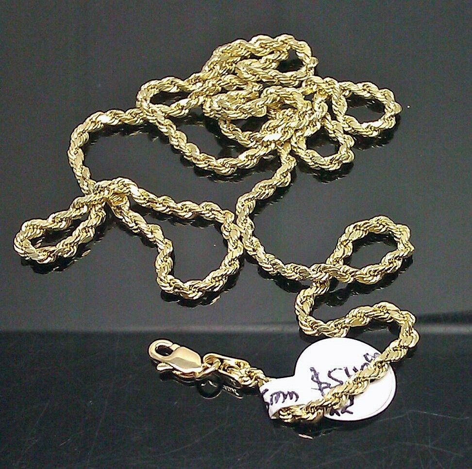Real 10k  Yellow Gold Rope Chain Necklace, Diamond Cuts 21 Inch 2.5mm,Lobster