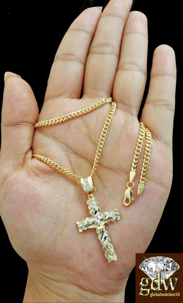 Real 10k Yellow Gold Cross Jesus Charm Pendant Miami Cuban 24" Necklace