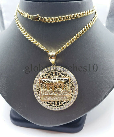 REAL 10k Gold Last supper Pendant Charm Jesus, Men 10k Cuban Link Chain Necklace