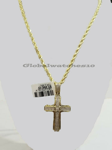 10k Real Gold Diamond Cross Charm Pendant With Rope Franco Miami Cuban Chain