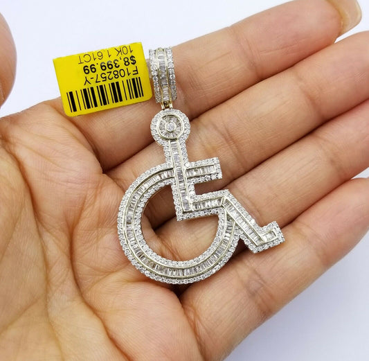 10K Yellow Gold Genuine Diamonds Handicap Disability Charm/Pendant 2" inch Real