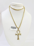 10k Gold Rope Chain & Ankh Cross Charm Pendent SET 3mm 20Inches Necklace