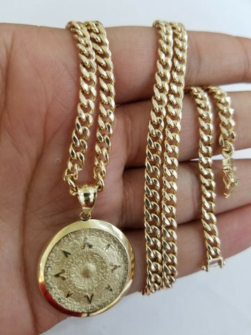 10k Yellow Gold Aztec Calendar Pendant Charm 4.5mm 20- 26 " Rope Chain Real