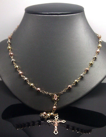 Real 10k Gold Rosary Necklace Chain cross Pendant trio-color Gold Unisex