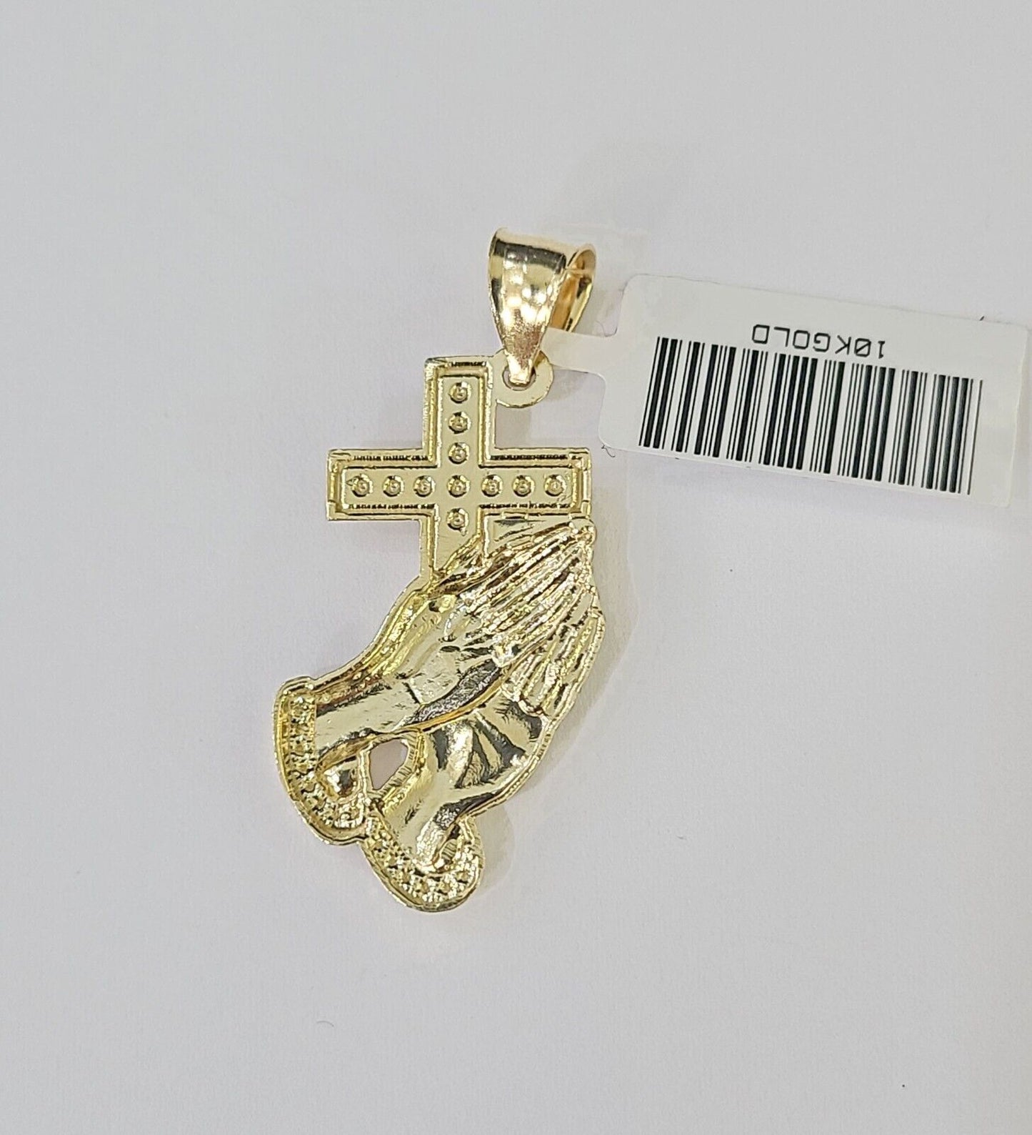 10k Yellow Gold Miami Cuban Chain & Praying Hands Cross Charm SET 3mm 22 Inches